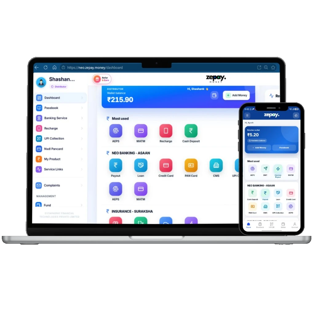 ZePay Money — laptop dashboard with overlapping mobile app